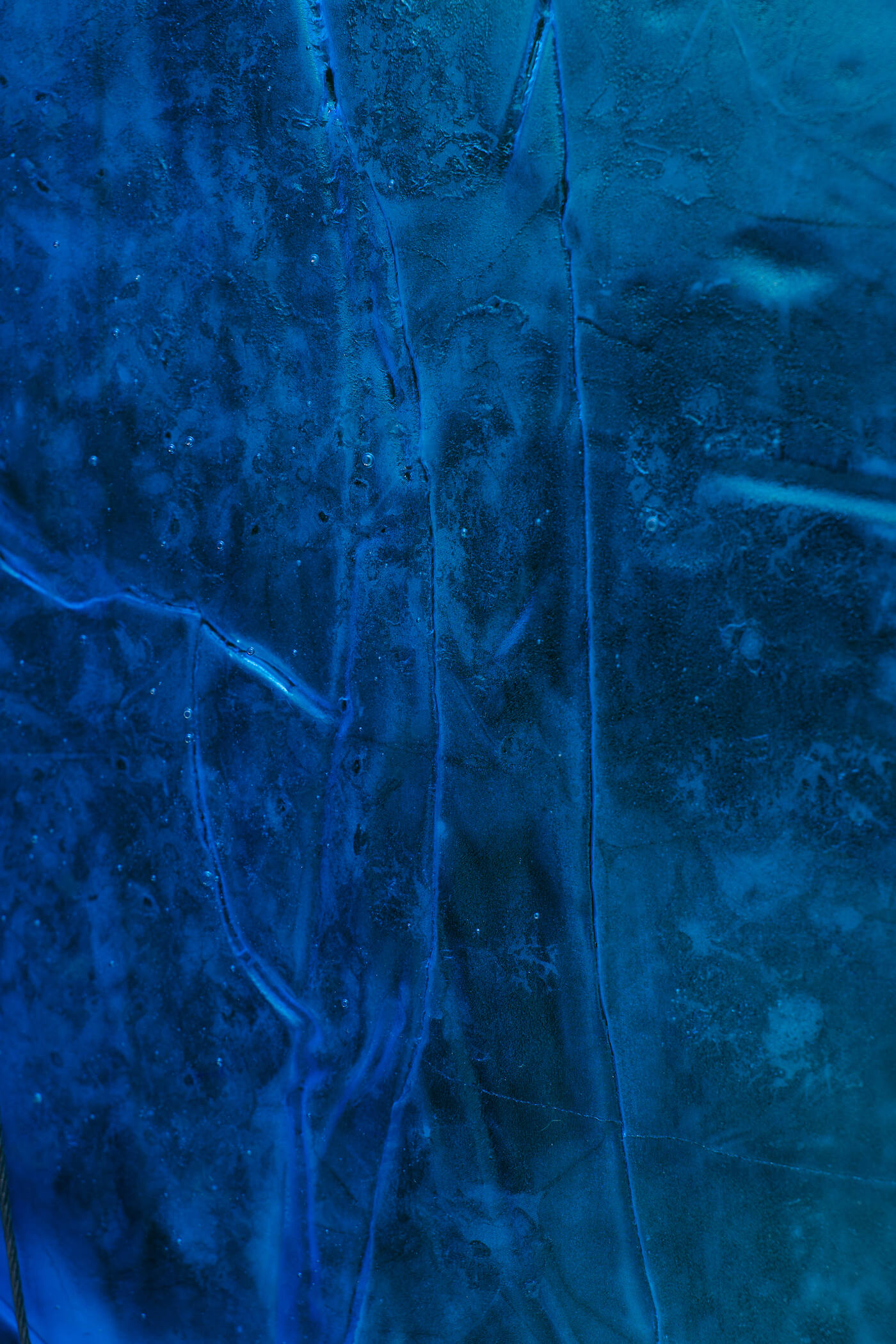 Detail of tangled blue glass threads, Illusion installation